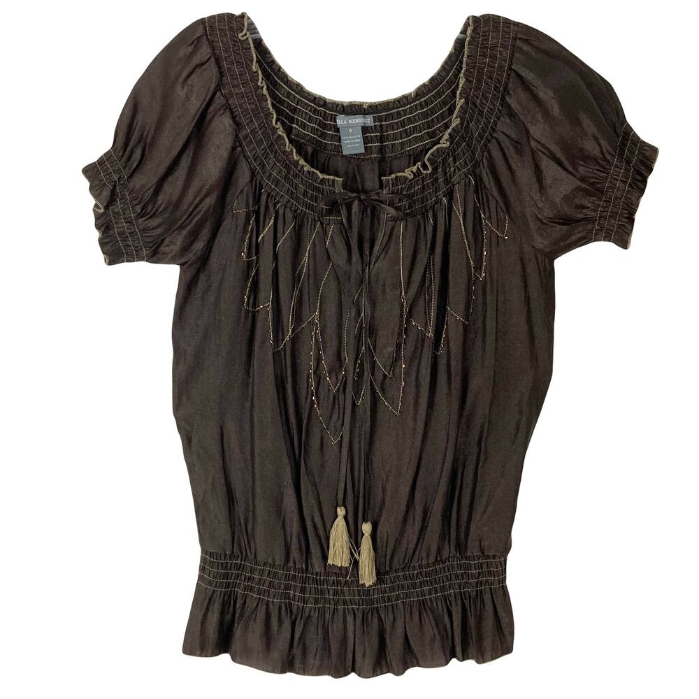 NWOT ISABELLA RODRIGUEZ Top S Brown Satin Beaded Embroidery Off/On-Shoulder Bow